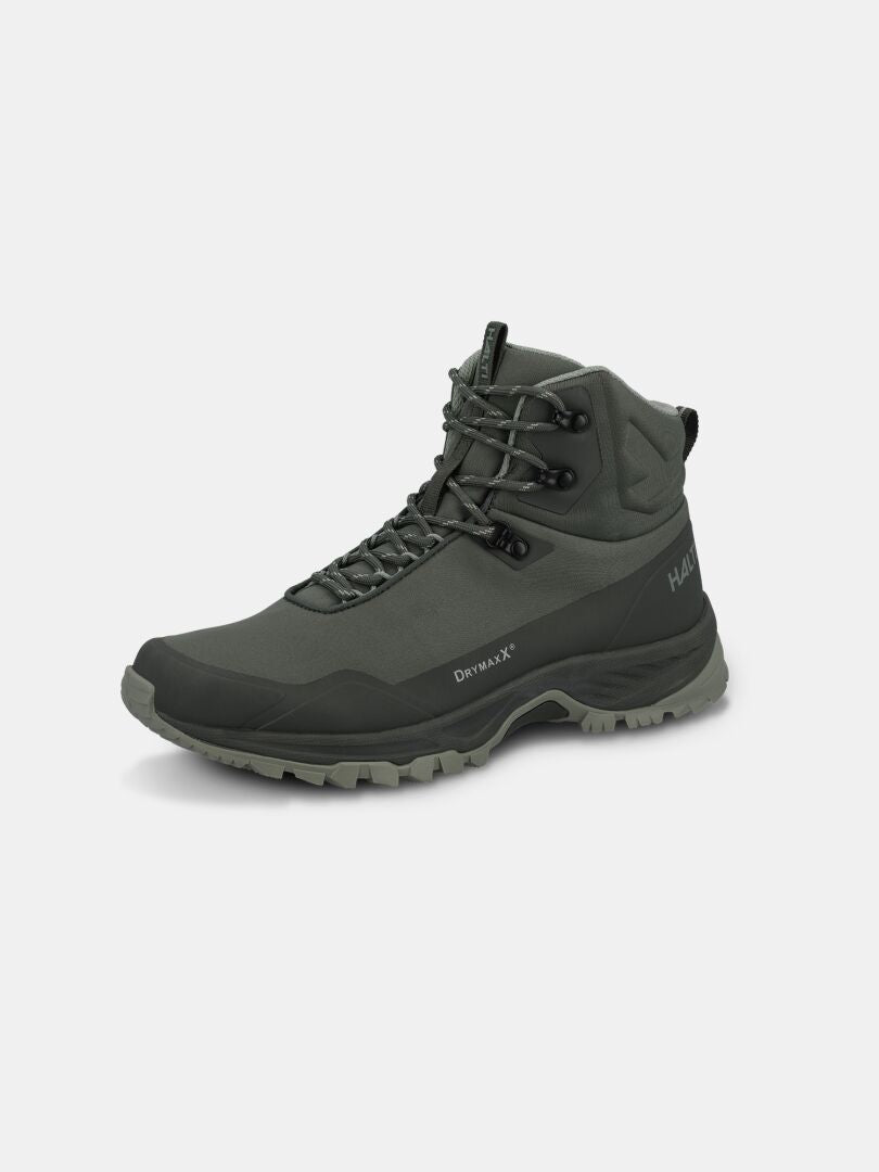 Ein Paar Halti Fara 4 DX Mid Outdoor-Schuhe für Herren mit robusten Sohlen, abgebildet vor einem schlichten weißen Hintergrund.