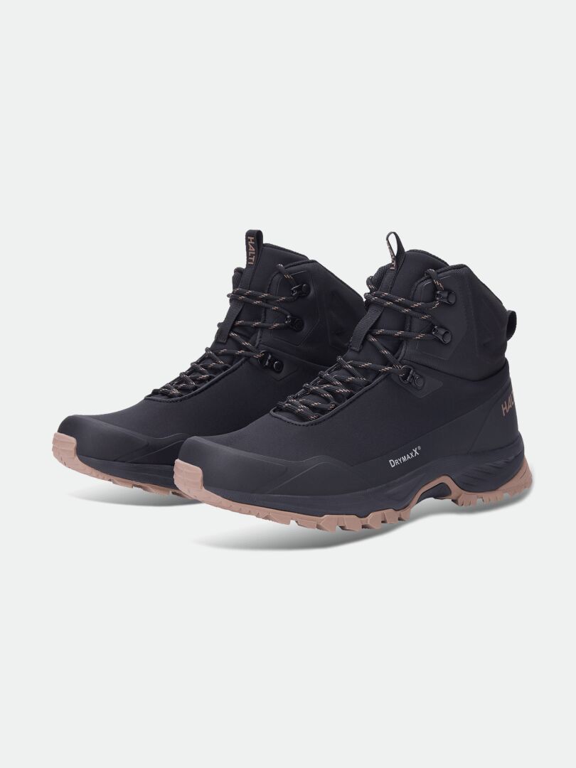 Halti Fara 4 DX Mid Herren: schwarz, knöchelhoch, wasserdicht mit GripmaxX Trail und brauner Sohle.