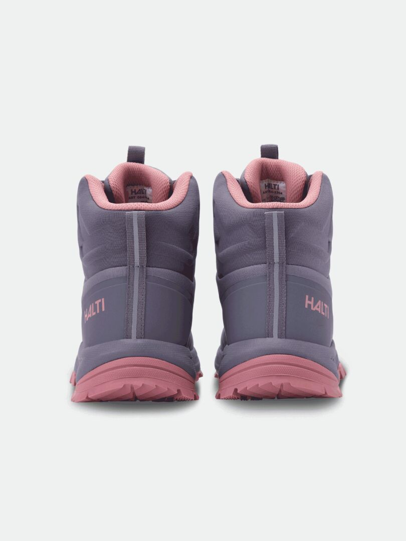 Halti Fara 4 DX Mid Outdoor-Schuhe für Damen in Grau mit rosa Sohlen, von hinten auf weißem Hintergrund abgebildet.