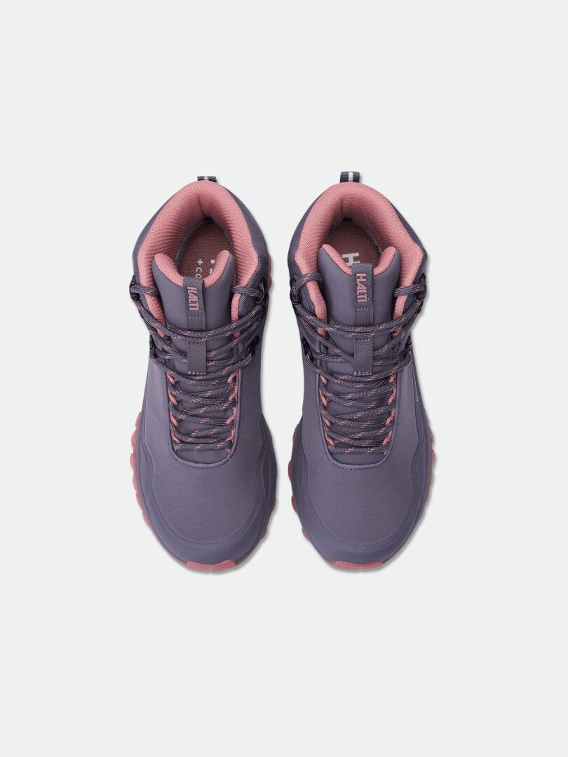 Halti Fara 4 DX Mid Damen-Outdoor-Schuhe in Lila/Pink mit GripmaxX-Sohle, von oben auf grauem Hintergrund.