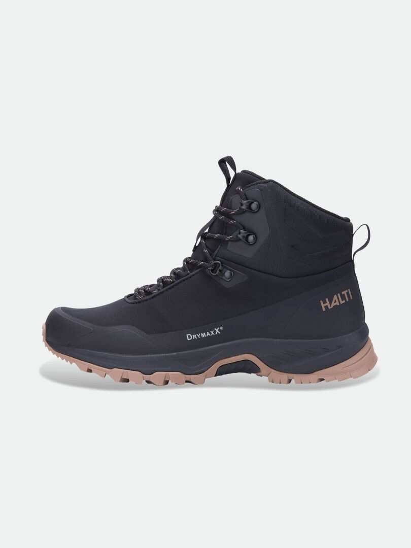 Halti Fara 4 DX Mid Damen: schwarze/hellbraune Outdoor-Schnürschuhe mit GripmaxX Trail-Sohle und DRYMAXX-Performance-Logo.