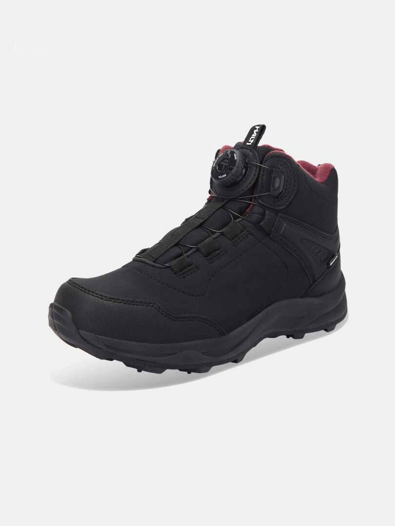 Black Lynx Mid DX Freelock Spikeschuhe – Mid-Wanderschuhe für Damen mit Drehverschluss-Schnürsystem und rotem Innenfutter.
