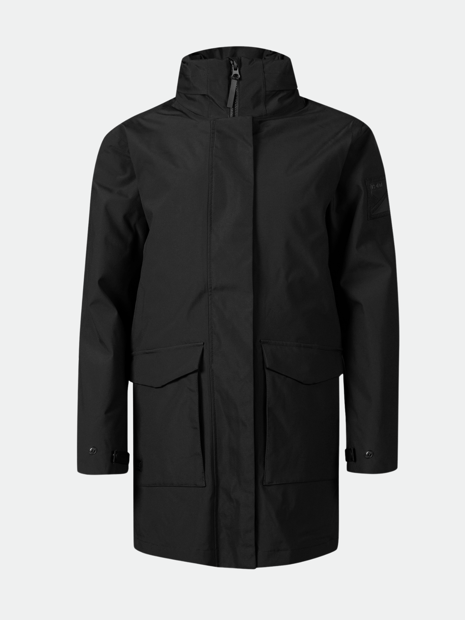 Halti Synkas 3in1 DrymaxX Parka Damen: schwarze, knielange, wasserdichte Jacke mit Kapuze, Taschen und Reißverschluss.