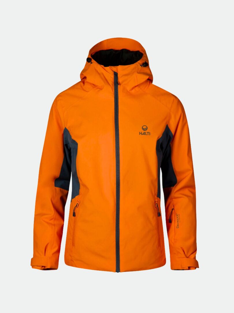 Die Tahko DX Skijacke Damen von Halti ist orange mit schwarzen Einsätzen, Reißverschlusstaschen und einem Halti-Brustlogo.