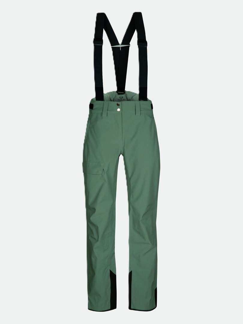 Halti Settler 3L DrymaxX Skihose Damen-grün, atmungsaktiv, mit schwarzen Trägern und verstärktem Beinabschluss.