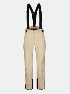 Halti Settler 3L DrymaxX Skihose Damen in beige mit schwarzen Hosenträgern und Cargotasche, abgebildet auf einfarbigem Hintergrund.