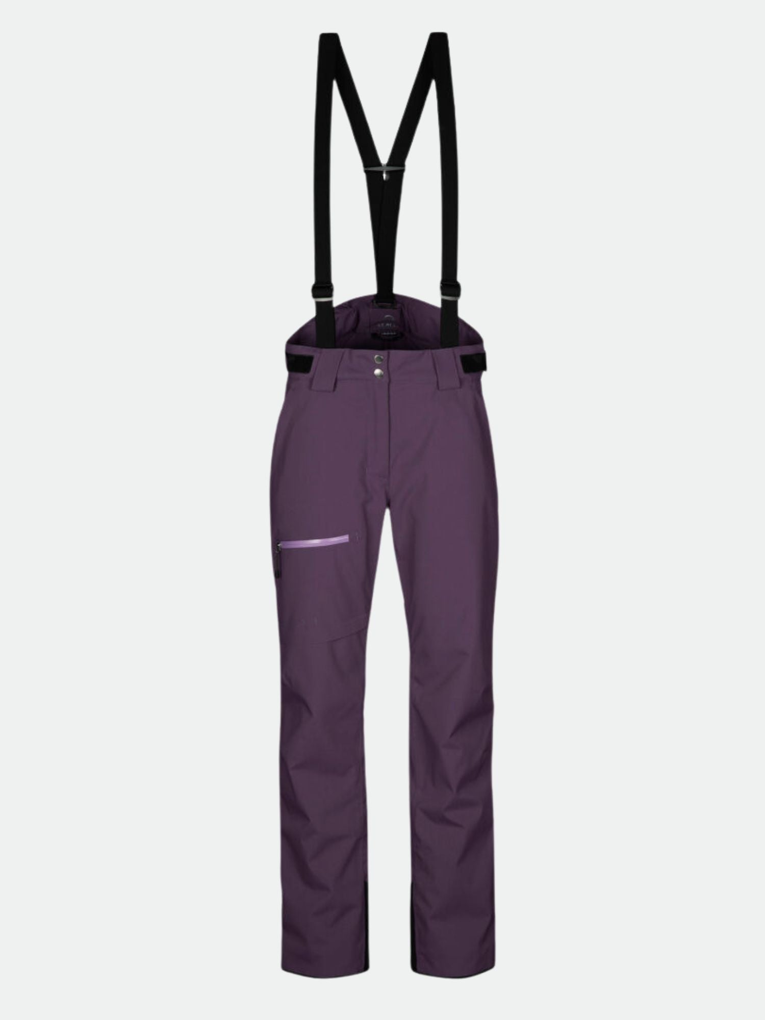 Halti Carvey DX Skihose Damen in lila mit schwarzen verstellbaren Hosenträgern und Reißverschlusstasche, abgebildet auf weißem Hintergrund.
