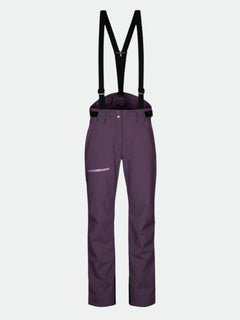Halti Carvey DX Skihose Damen in lila mit schwarzen verstellbaren Hosenträgern und Reißverschlusstasche, abgebildet auf weißem Hintergrund.