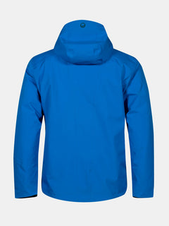 Eine blaue Halti Vertica DX Skijacke Herren mit Vier-Wege-Stretch von hinten auf einem weißen Hintergrund.