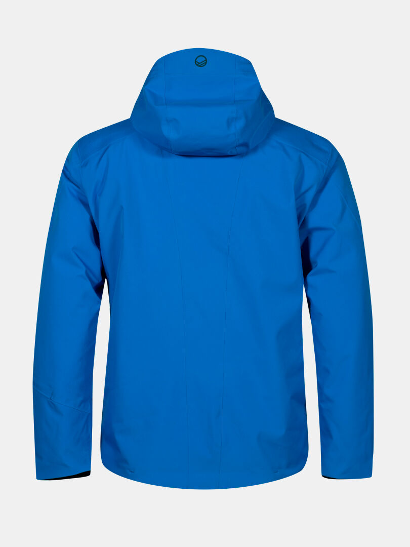 Rückansicht einer blauen Halti Vertica DX Skijacke für Herren für den Wintersport mit einem kleinen Logo auf der Kapuze.