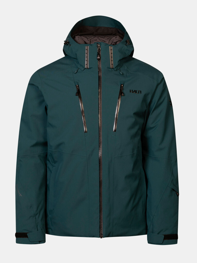 Dunkelgrüne Halti Vertica DX Skijacke für Herren mit Frontreißverschluss und zwei schräg angesetzten Brusttaschen für den Wintersport.