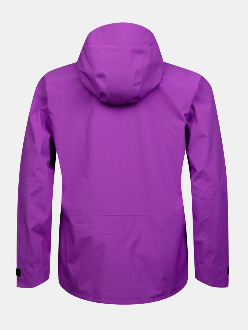 Rückansicht einer atmungsaktiven, violetten Settler 3L DX Ski Jacke Herren-Skijacke mit Kapuze.