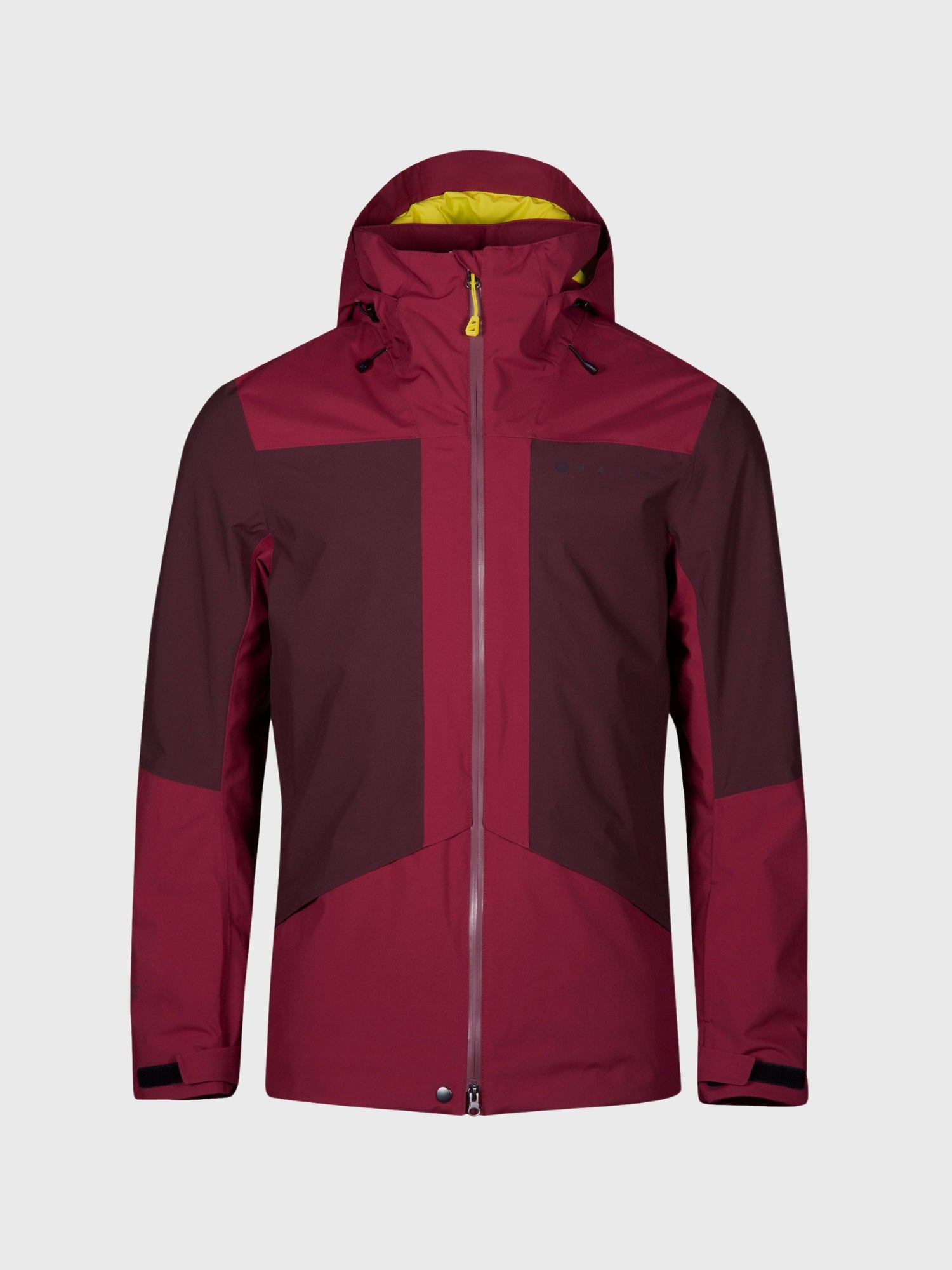 Die Halti Planker DrymaxX Skijacke Herren in Maroon mit gelbem Futter und Frontzipper auf grauem Hintergrund.