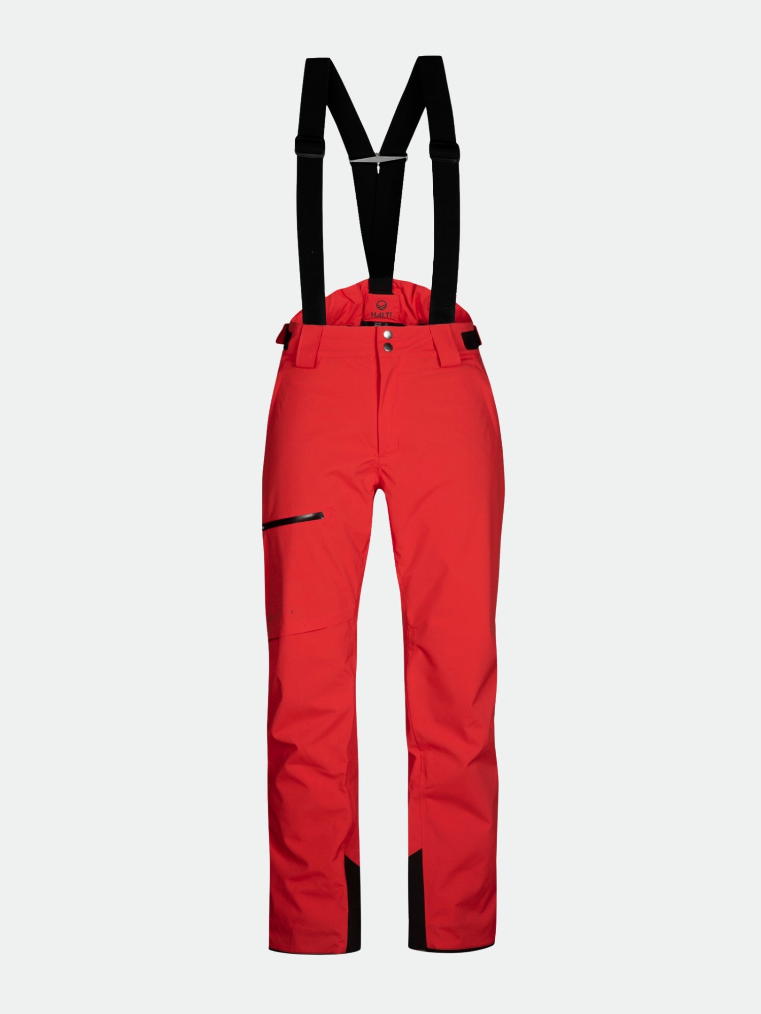 Halti Carvey DrymaxX Skihose Herren in rot mit schwarzen Hosenträgern, Reißverschlusstasche und verstärkten Bündchen auf weißem Grund.
