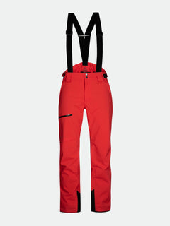 Halti Carvey DrymaxX Skihose Herren in rot mit schwarzen Hosenträgern, Reißverschlusstasche und verstärkten Bündchen auf weißem Grund.