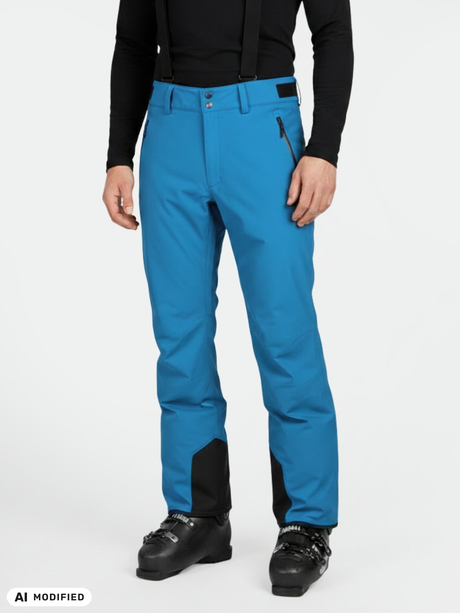 Die Person trägt eine „Halti Trusty DX“ Skihose für Herren mit schwarzen Hosenträgern, Stiefel und ein eng anliegendes schwarzes Langarmhemd.