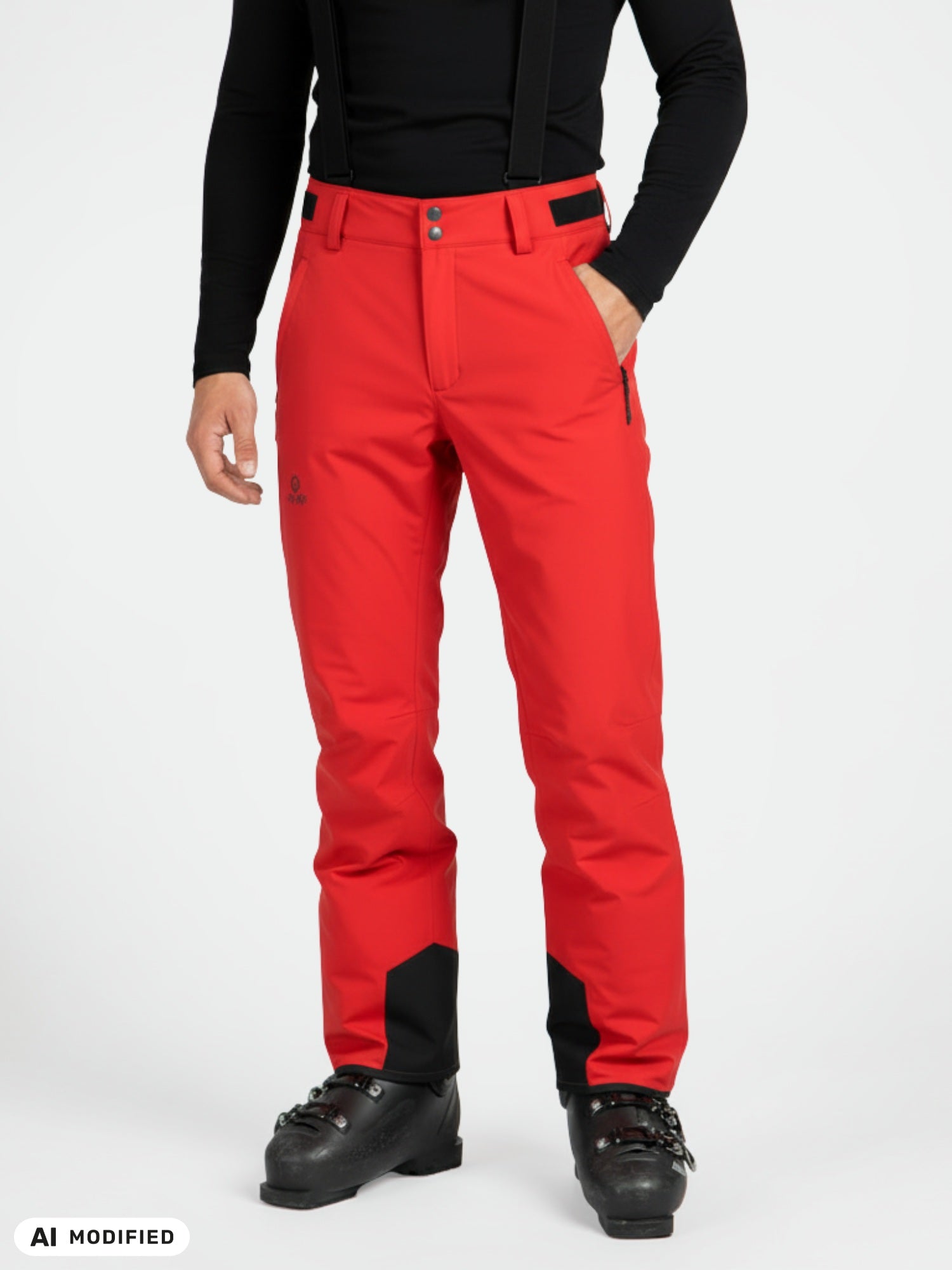 Person in einer „Halti Trusty DX“-Skihose für Herren, schwarzen Skischuhen und Hosenträgern vor einem schlichten Hintergrund.