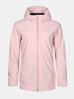 Hellrosa Gracer DX Skijacke Damen von Halti mit Kapuze, langen Ärmeln, Frontreißverschluss und Halti-Logo auf der Brust.