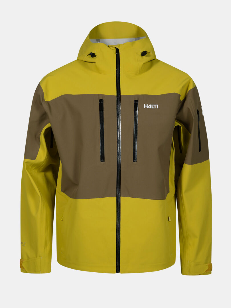 Die Halti Rizle Unisex 3L DX Skijacke ist gelb/braun mit schwarzen Reißverschlüssen, Primaloft-Fleece und Logo auf der Brust.