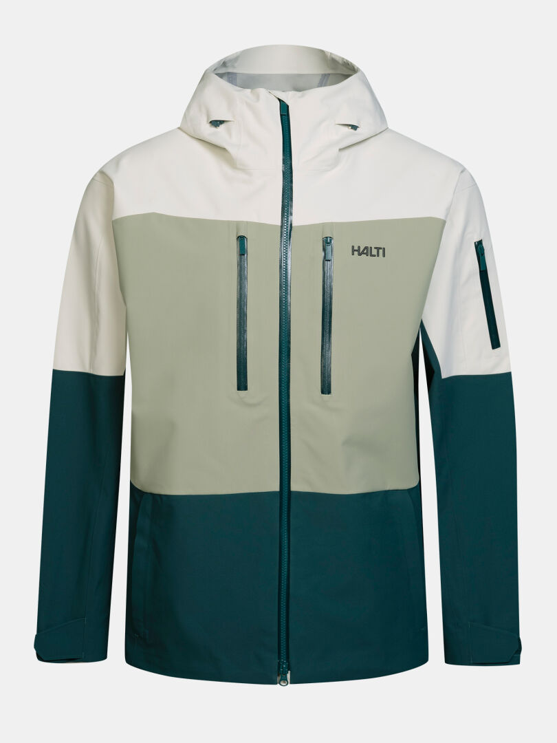 Halti Rizle Unisex 3L DX Skijacke: DrymaxX Nano-Kapuzenjacke in den Farben Creme, Salbei und Dunkelgrün im Color-Blocking-Design mit Brusttaschen.