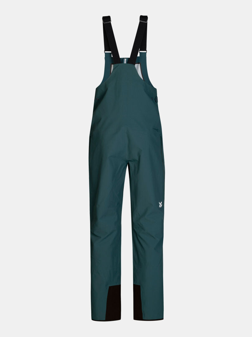 Dunkelblaugrüne, wasserdichte und atmungsaktive 3-Lagen-Rizle 3L DX-Skihosen (Unisex) mit Latz und verstellbaren schwarzen Schulterträgern.