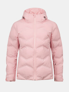 Halti Nordic Arcty II Damen Skijacke in Light Pink mit Kapuze, Frontreißverschluss & Chevron-Stitching auf weißem Hintergrund.