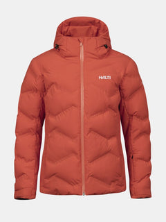 Halti Nordic Arcty II Damen Skijacke, rot, wattiert mit Kapuze, Frontreißverschluss und Halti-Logo auf schlichtem Hintergrund.