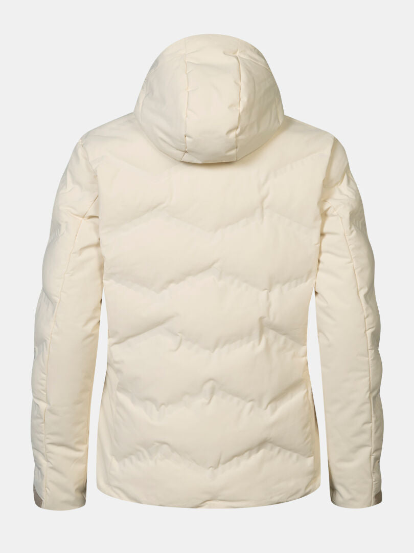 Rückansicht der Halti Nordic Arcty II Damen-Skijacke in Creme, wasserdicht, mit Kapuze, gesteppt, mit langen Ärmeln auf weißem Hintergrund.