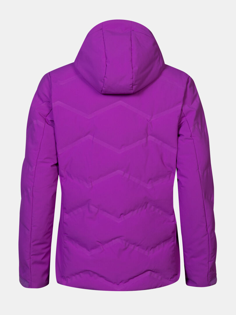 Eine violette Halti Nordic Arcty II Skijacke für Damen wird von hinten gezeigt, mit Zickzack-Nähten als Detail.