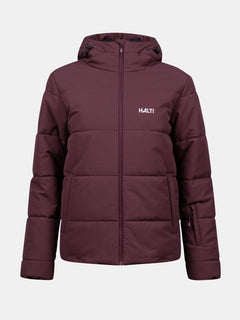 Wasserdichte Ascale Puffer Skijacke Damen von Halti in Maroon mit Kapuze, ideal zum Skifahren, vor neutralem Hintergrund.