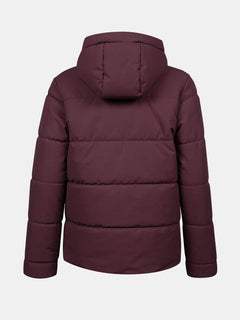 Halti Ascale Plus Puffer Skijacke Damen in Maroon, wasserdicht, mit Kapuze, Rückansicht auf weißem Hintergrund.