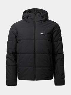 Die Ascale Plus Puffer Skijacke Damen von Halti ist eine schwarze, wasserdichte Skijacke mit Kapuze und Logo, abgebildet auf neutralem Hintergrund.