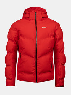 Die Halti Nordic Arcty II Skijacke Herren ist ein knallroter, wasserdichter Puffer mit Kapuze und Reißverschlusstaschen.