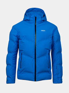 Halti Nordic Arcty II Skijacke Herren: hellblauer Puffer mit Kapuze, schwarzem Reißverschluss, Seitentaschen und Logo.