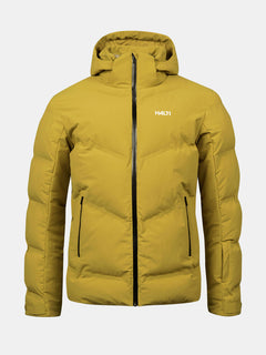 Die Halti Nordic Arcty II Skijacke Herren, gelb mit Kapuze, schwarze Reißverschlüsse, Logo links Brust, wasserdicht.