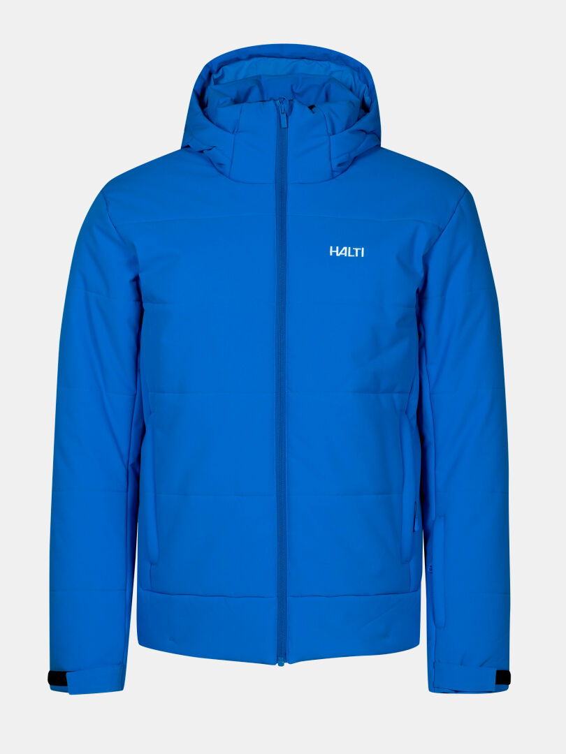 Halti Ascale Puffer Skijacke Herren in blau mit Kapuze und Logo, ideal für Wintersport.