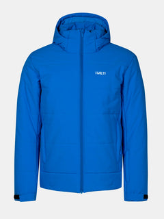 Halti Ascale Puffer Skijacke Herren in blau mit Kapuze und Logo, ideal für Wintersport.