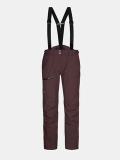 Halti Carvey II DX Damen Skihose in kastanienbraun mit schwarzen Hosenträgern, Reißverschlusstaschen und DrymaxX Material.