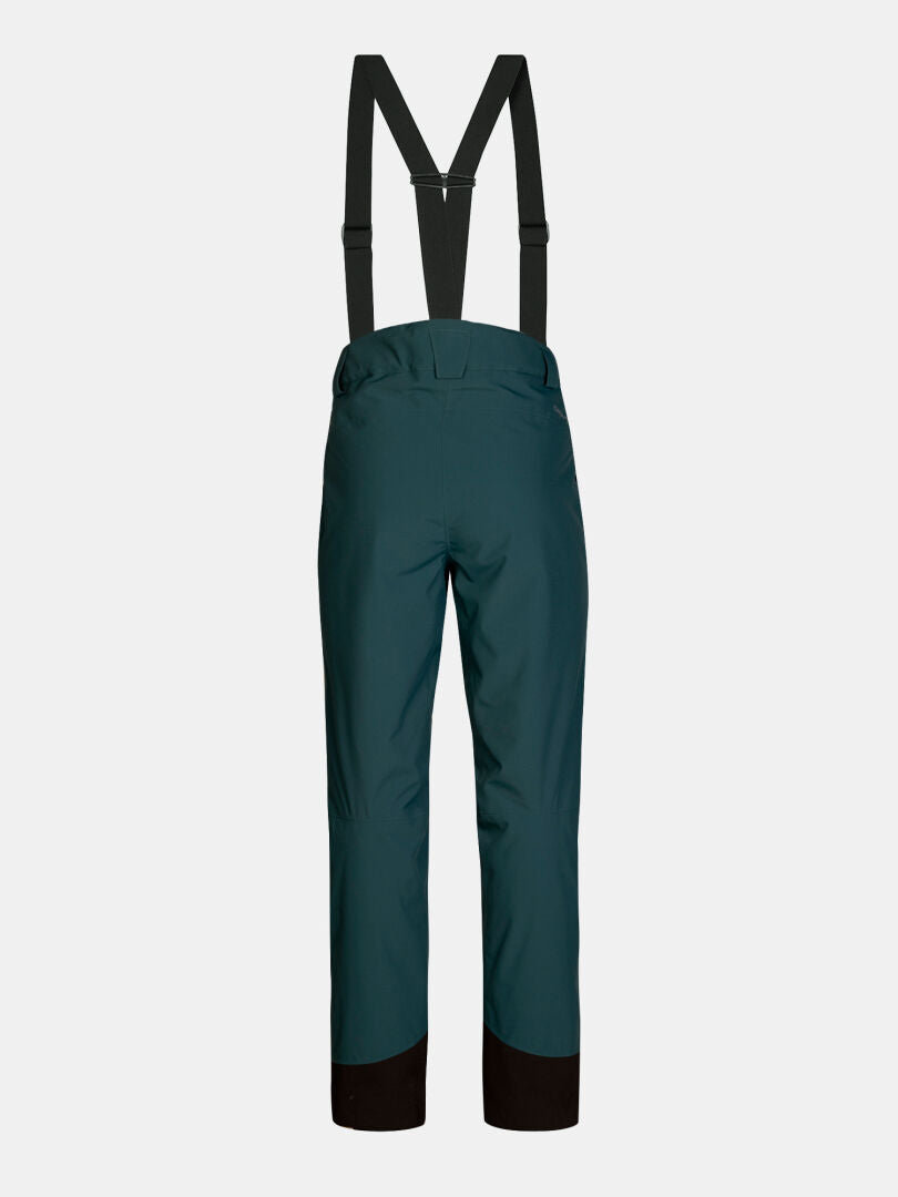 Rückansicht der wasserdichten Skihose Halti Carvey II DX für Damen in Dunkelblaugrün mit schwarzen Hosenträgern.