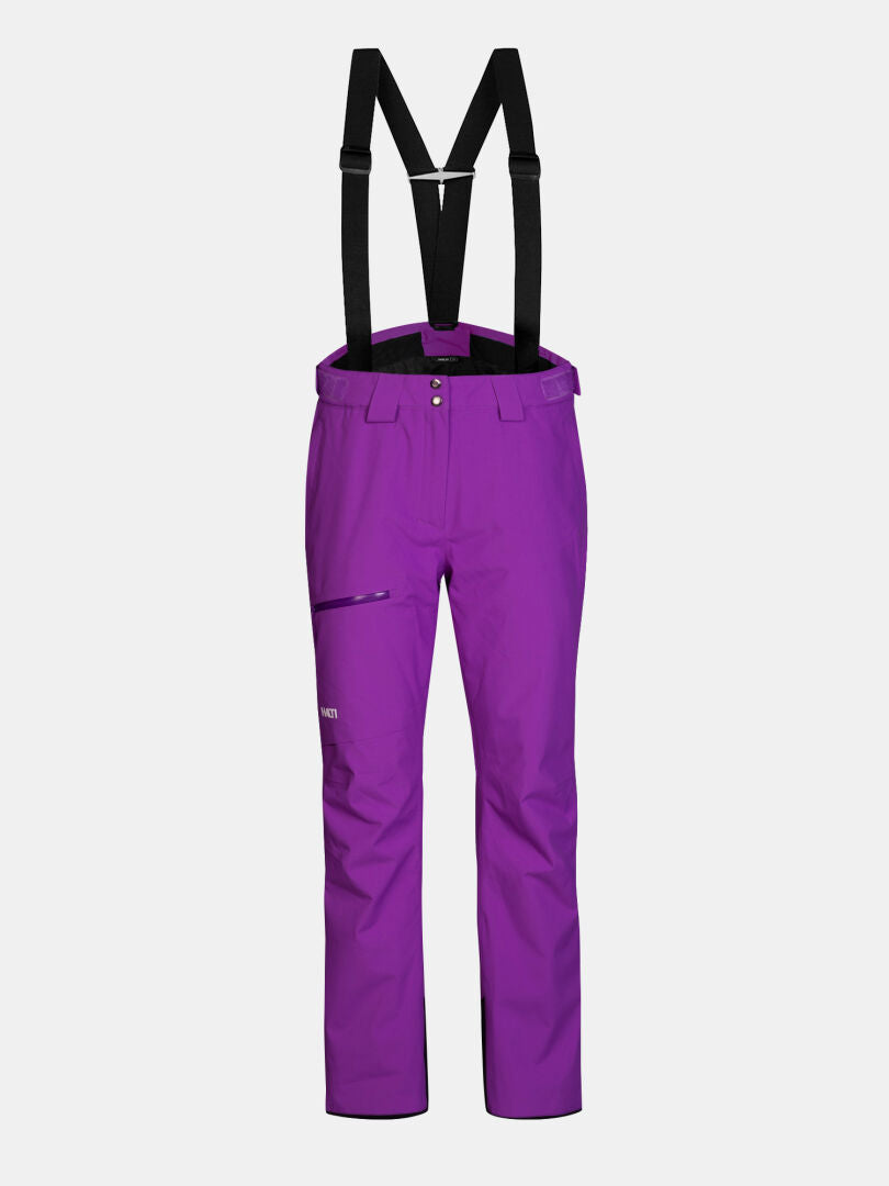 Halti Carvey II DX Skihose Damen: lila Skihose mit schwarzen Hosenträgern, ideal für den Wintersport.