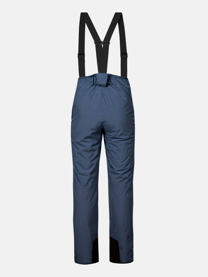 Die Halti Glades II DX Skihose Damen in blau, mit schwarzen verstellbaren Hosenträgern, wird von hinten gezeigt.