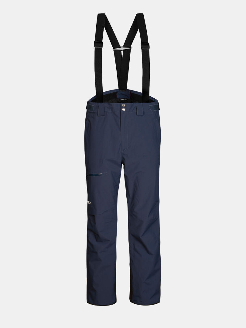 Marineblaue Halti Carvey II DX Skihose für Herren mit verstellbaren schwarzen Hosenträgern und einer Reißverschlusstasche am rechten Oberschenkel.