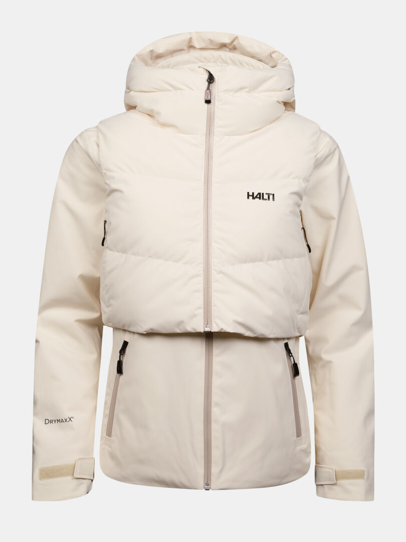 Cremefarbene Halti Varion 2in1 DX Skijacke für Damen mit Kapuze, gestepptem Oberteil, PrimaLoft-Füllung und Reißverschlüssen.