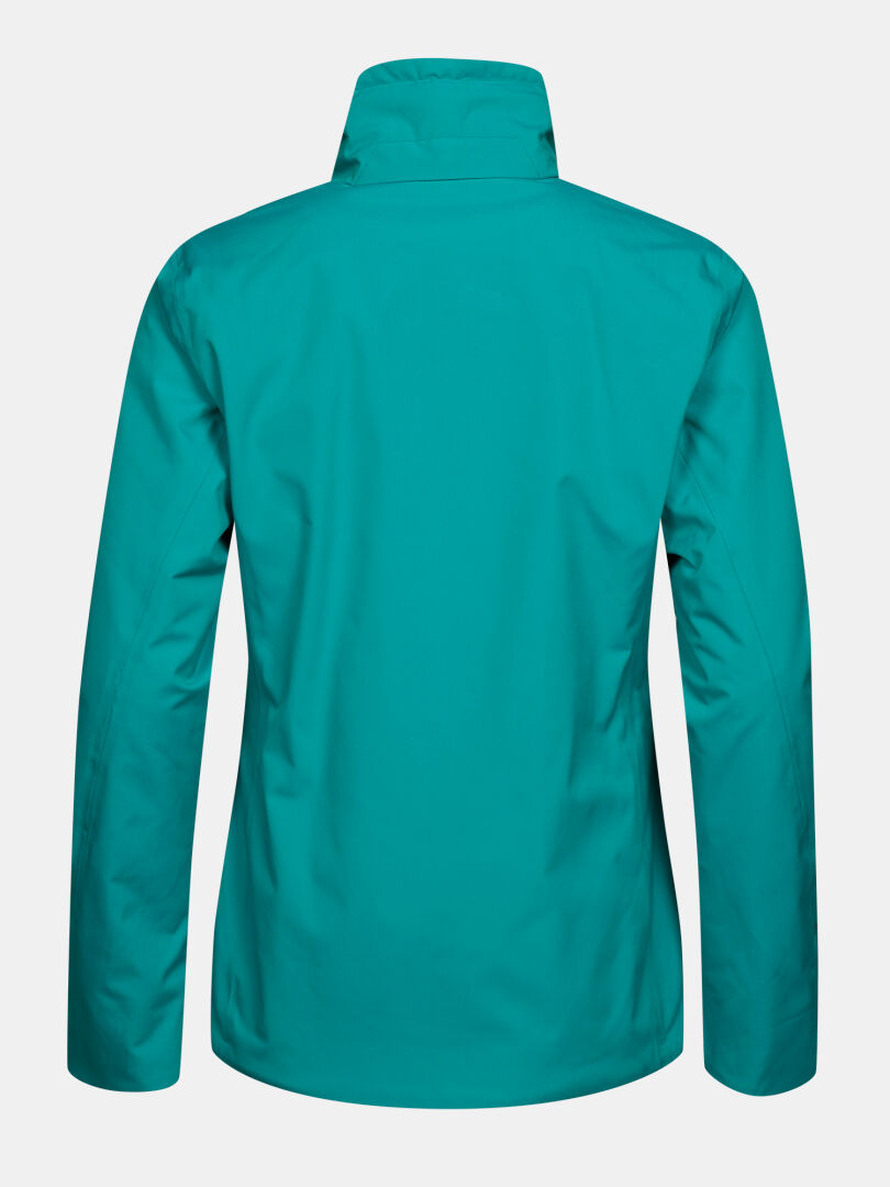 Rückansicht einer blaugrünen Halti Varion 2in1 DX Skijacke für Damen, eine langärmelige Jacke mit hohem Kragen.