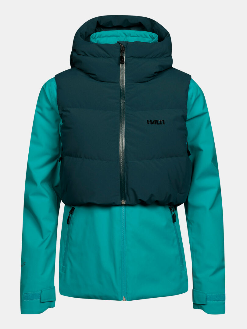 Türkisfarbene Halti Varion 2in1 DX Skijacke für Damen mit abnehmbarer, dunkelblaugrüner Daunenweste mit Kapuze.