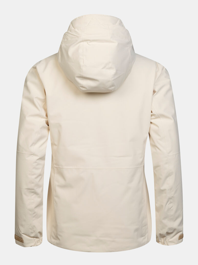 Rückansicht einer cremefarbenen, isolierten Halti Melvik DX Skijacke für Damen mit Kapuze.