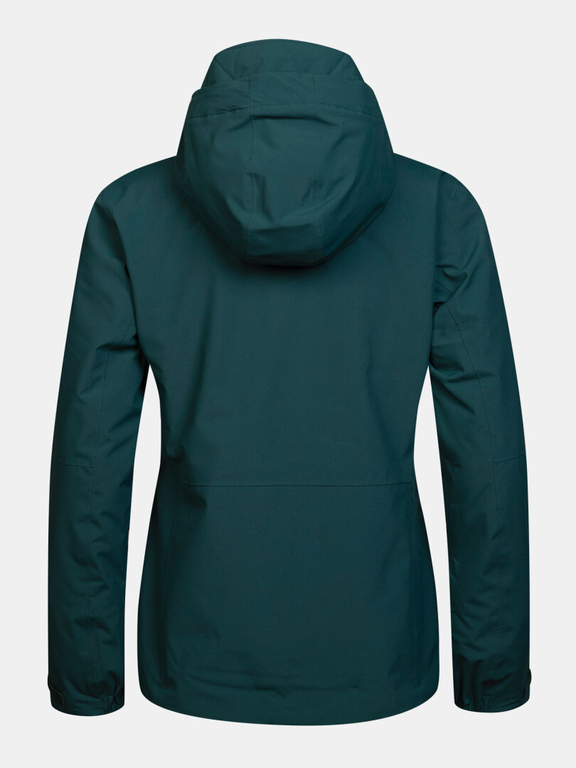 Rückansicht einer dunkelgrünen, gefütterten Halti Melvik DX Skijacke für Damen.