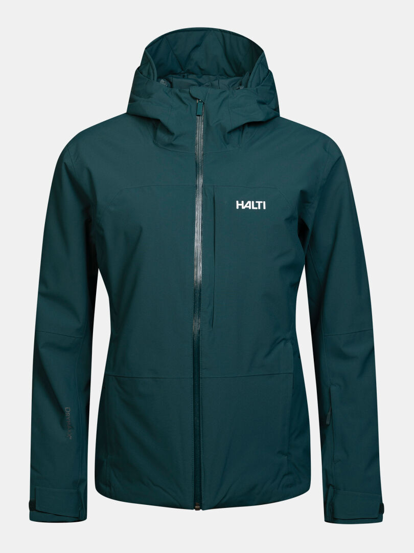 Dunkelblaugrüne Halti Melvik DX Skijacke für Damen – eine gefütterte Skijacke mit Kapuze, Frontreißverschluss und Brusttasche.