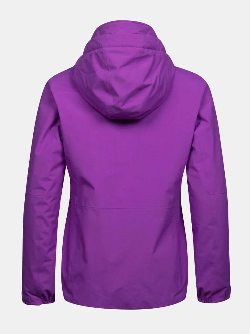 Rückansicht einer violetten Halti Melvik DX Skijacke Damen – einer technischen Skijacke mit Kapuze.