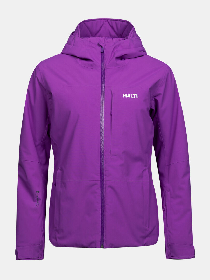 Purple Halti Melvik DX Skijacke für Damen – technische Jacke mit Kapuze, Frontreißverschluss und vertikaler Brusttasche.